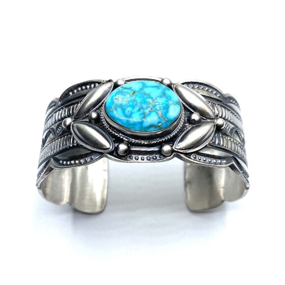 navajo handmade sterling silver kingman turquoise cuff bracelet - Picture 2 of 7